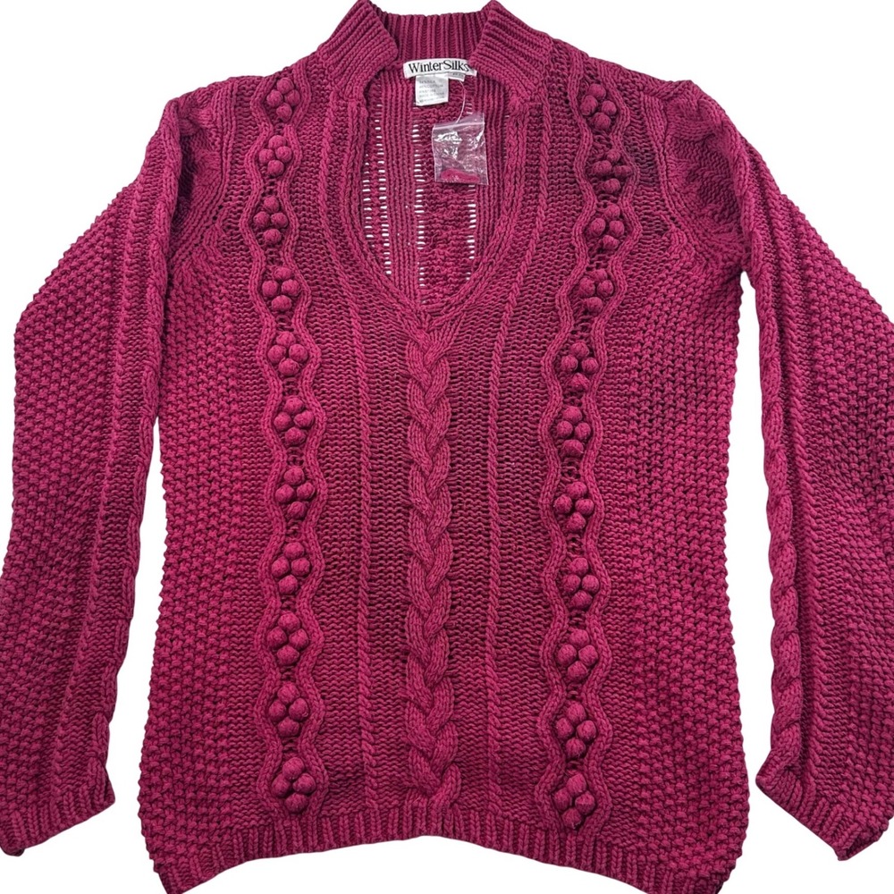 WinterSilks Fuchsia Pink Silk Cotton Cable Knit Popcorn Bobble Sweater Womens PS